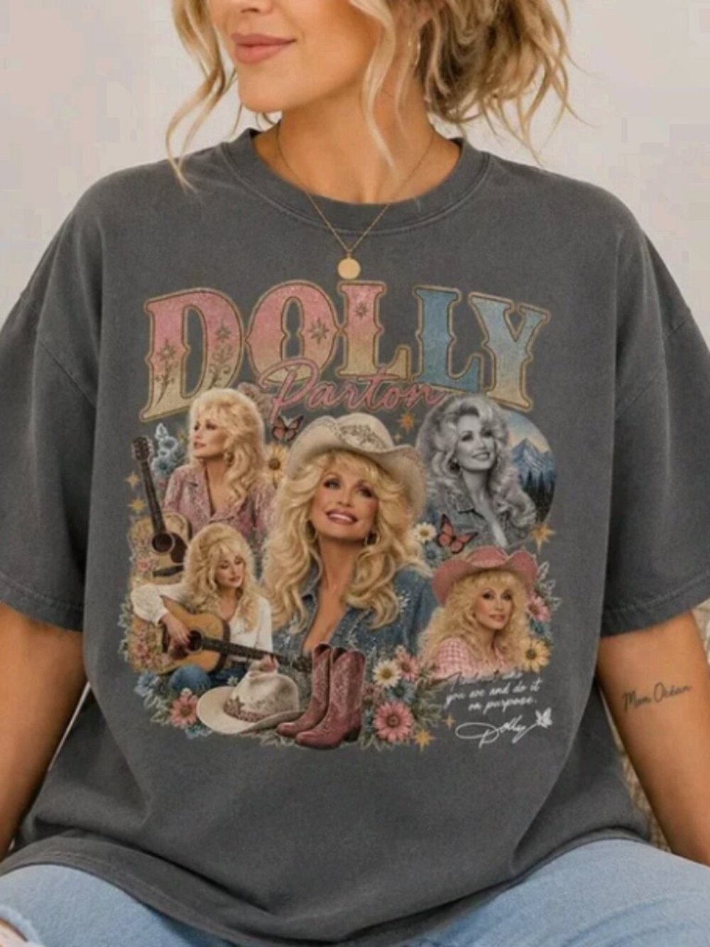 NWT Dolly Parton Vintage Collage Graphic Tee Charcoal Gray
